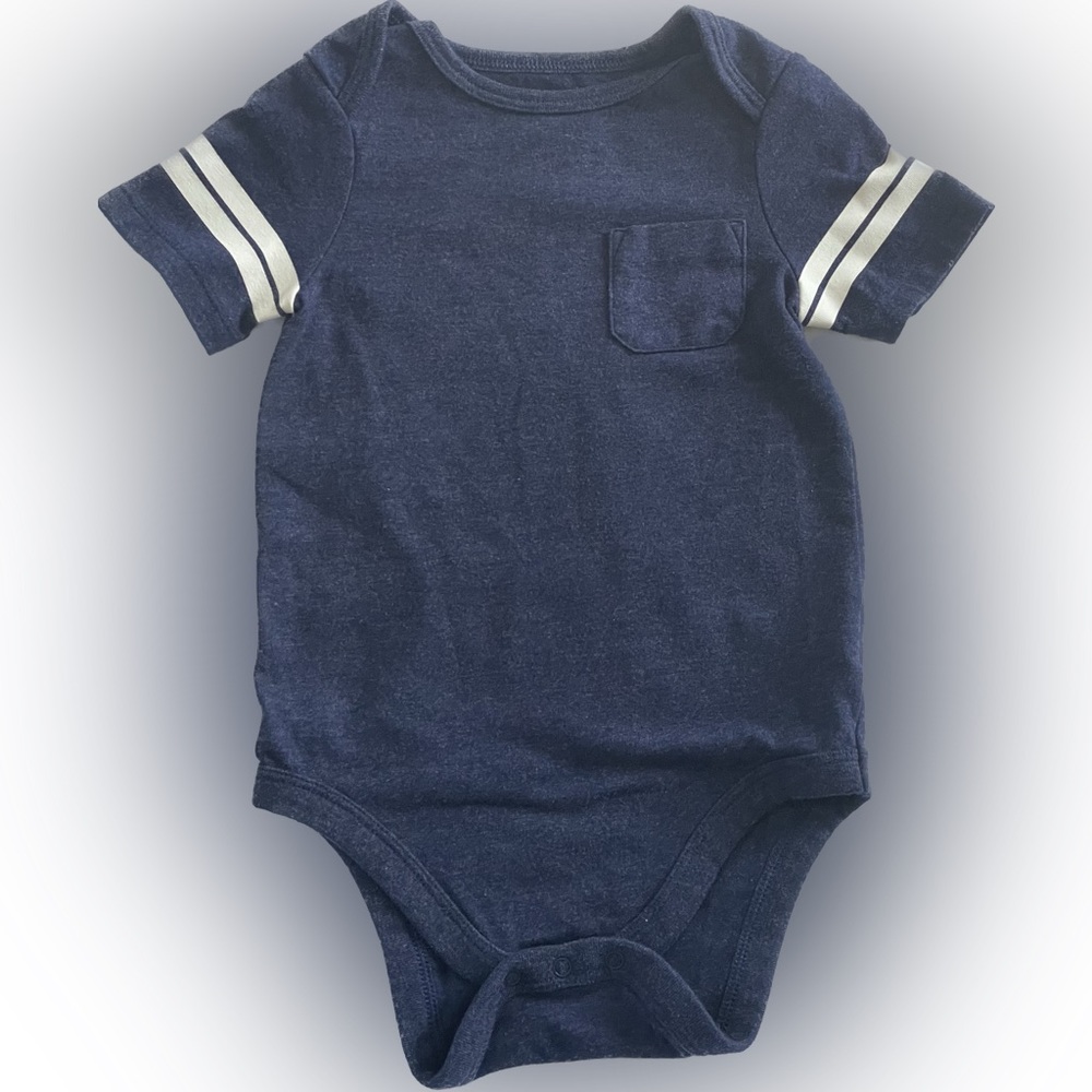Car & Jack 18 Month Dark Blue Onesie w Pocket and White Stripes on Arm